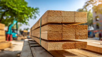 Stacked wooden planks at a construction site under bright sunlight