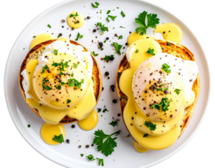 Top-Down View of Eggs Benedict Garnished with Fresh Herbs, Isolated PNG