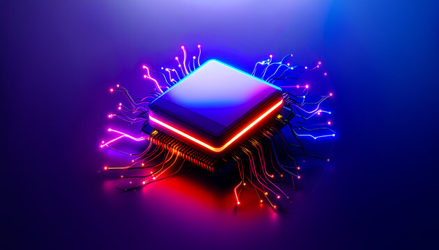 Unplugged Futuristic Neon Microchip with Glowing Circuitry