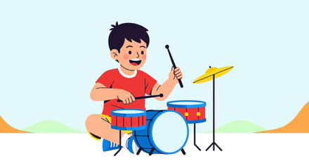 Energetic Boy Playing Drums with Joyful Expression in Colorful Flat Vector Illustration