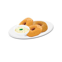 Vector Illustration of Indian Snack, Vada or Vadai with chutney on plate