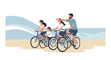 Fototapeta premium Family enjoys a bike ride together on the beach, vector illustration in flat style