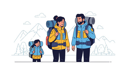 Family Hiking Together in the Mountains with Backpacks Enjoying an Outdoor Adventure