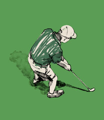 Color illustration, graphic, hand drawn ink sketch of a male golfer aiming a shot with a club on a green field background, top view. High quality photo