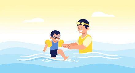 Obraz premium Father Guiding Young Son Through Waters, Teaching Swimming In Bright Summer Sunlight