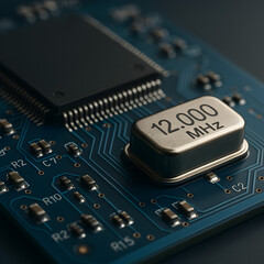 Microchip Close-up: A high-angle view of a circuit board highlights integrated circuits. A precision-engineered 12.000 MHz crystal, vital for precise timing and synchronization.