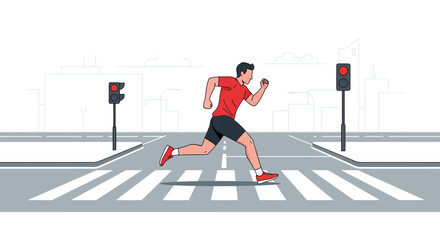 Energetic Runner Crossing The Zebra Crossing While The Traffic Light Is Red in City