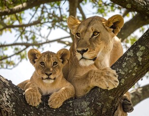 Obraz premium Lioness and cub in a tree