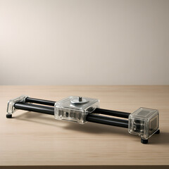Precise slider for photo shoot: A robust slider meticulously designed to stabilize camera movements. Featuring clear plastic components and sleek black rods, ensuring smooth, professional filming.