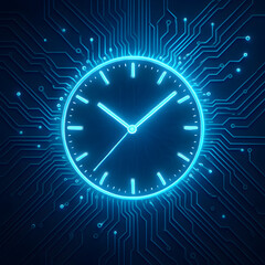 Time's Circuitry: A luminous clock face, radiating with futuristic glow, is integrated within the intricate pathways of a circuit board. Embodying the seamless fusion of time and technology.