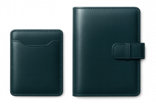 Leather goods vector illustration featuring sleek wallet and pocket organizer, efficiently storing personal finance items and accessories