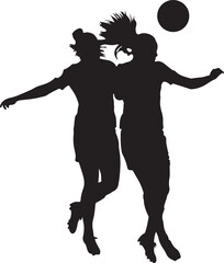 Two women soccer players heading a ball in silhouette football sport
