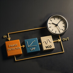 Conceptual Representation of Phase-Locked Loop: A meticulously crafted visual representation of a Phase-Locked Loop (PLL) circuit, featuring labeled components and a clock.