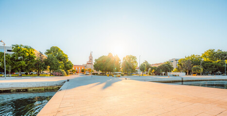 Zadar, Croatia. Old town street of Zadar with the Church of St. Donatus and the bell tower of the Cathedral of St. Anastasia at sunset.