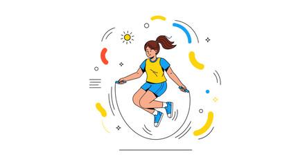 Obraz premium Energetic Woman Skipping Rope Cartoon, Celebrating Fitness and Playful Workout Routine