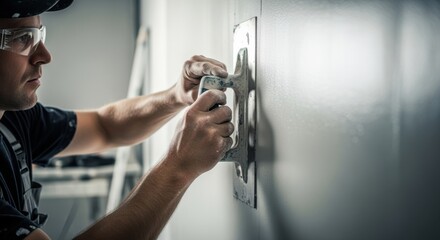 Professional plasterer using trowel to create a smooth fullwall skim coat finish focusing on technique and precision in achieving seamless wall surface.