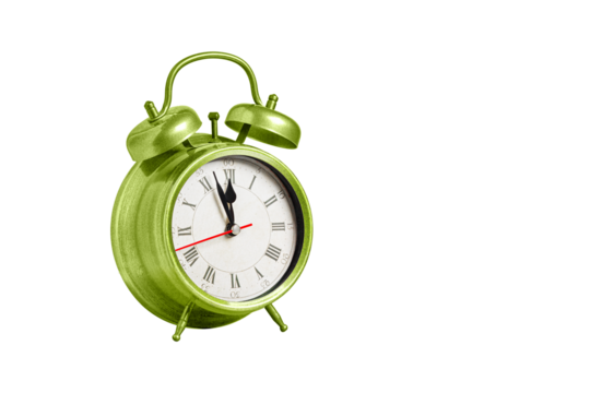 retro clock, pointer clock, green color alarm clock on isolated white background close up