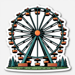 Ferris wheel sticker illustration, cartoon style, teal and orange fun