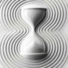 Timeless Passage: An elegant hourglass stands as a symbol of time, its grains subtly sifting against a backdrop of intricate sand patterns.