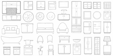 Collection of hand drawn sketches of various furniture and home appliances in a simple line art style