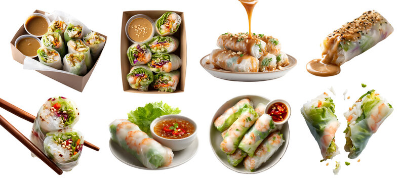 Set of wrapped rice paper spring roll, Vietnamese un-fried snack, vegetable meat filling, sauce dip, chopstick, takeaway carton box, plate, halved broken pile stack, transparent cutout PNG. Mockup