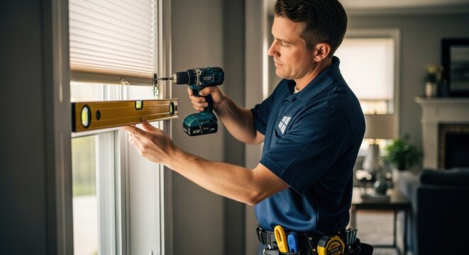 Professional installing cordless blind inside mount with power drill and level tool ensuring accuracy.