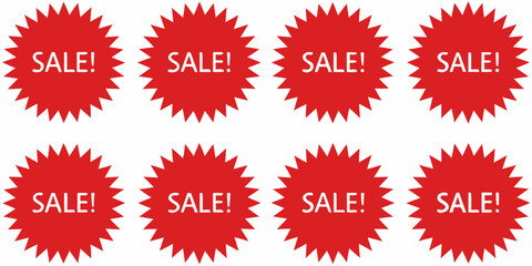 Eight red starburst sale price tags with white text announcing discounts
