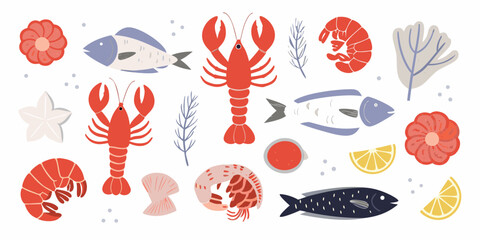 Naklejka premium Collection of colorful seafood illustrations including lobsters shrimp fish starfish shells and lemon slices