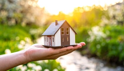 Miniature house held in hand outdoors