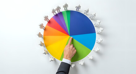 Fototapeta premium Confidently analyzing colorful data segments with team figures surrounding vibrant pie chart analytics