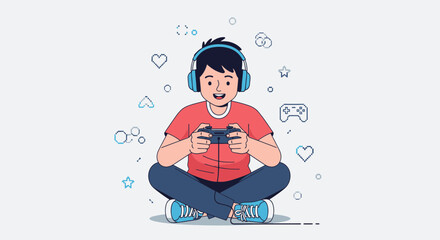Enthusiastic Young Gamer Enjoying Gaming With Headphones And Controller In Visual Style