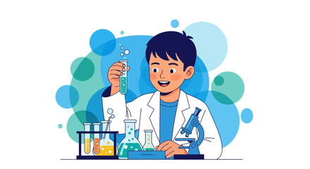 Enthusiastic Young Scientist Analyzing Solutions in Laboratory With Equipment