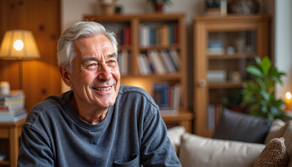 Elderly man smiling warmly in cozy living room, joy in solitude