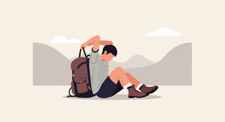 Fototapeta premium Exhausted Backpacker Resting With Mountain View After an Adventurous Day of Hiking