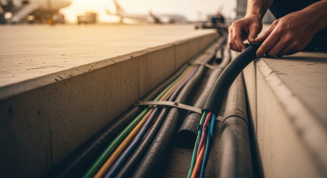 Protective rubber cable sleeves being fitted around power cables in a cable pit designed for secure ground power distribution to parked airplanes. - Powered by Adobe