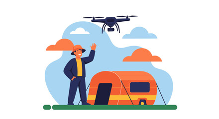 Naklejka premium Explorer Waving At Drone Near Tent, A Symbol For Modern Adventures And Camping