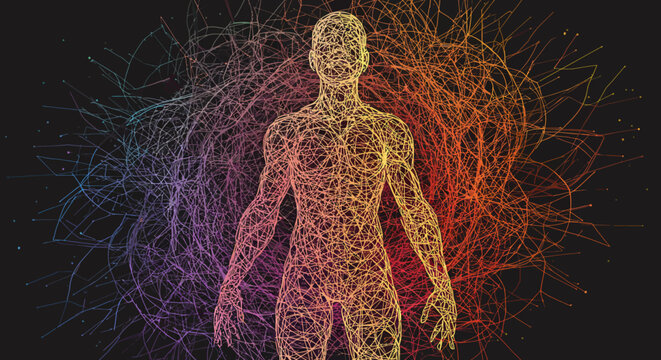 Radiant wireframe human silhouette with abstract colorful energy lines