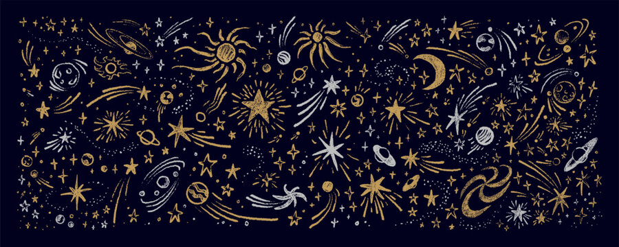 Hand drawn crayon gold and silver sketch outer space luxury background. Celestial cosmic chalk, pencil, paint brush drawing cosmic design. Shooting star, comet, twinkle, bling, star clusters scribble
