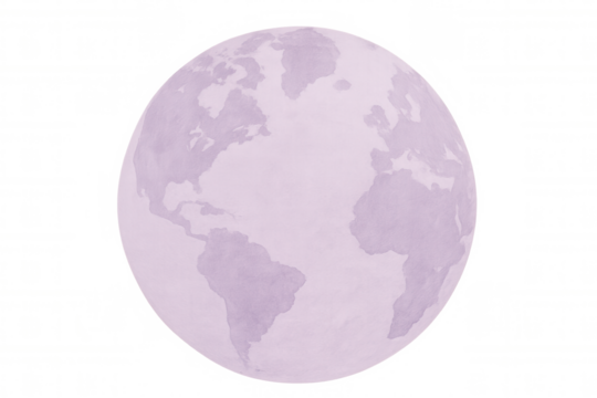 Rotating purple world map highlighting americas and africa, transparent backdrop emphasizing global connectivity and educational themes