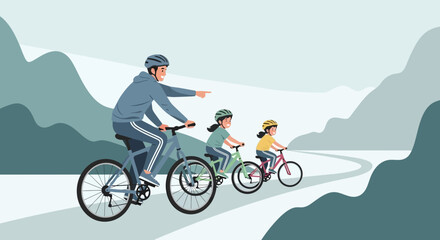 Naklejka premium Family Cycling Adventure Along Winding Path Amidst Serene Mountainous Landscape