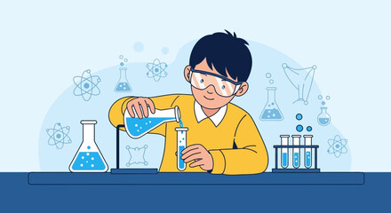 Young Student Wearing Goggles Performing Chemical Reactions in a Science Lab