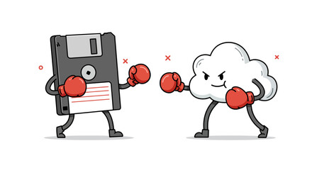 Fototapeta premium Retro technology vs. cloud computing fight in cartoon style