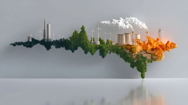 Voxel-style illustration of a floating landscape showing renewable turbines and fossil fuel factories in green and fiery orange ideal for environmental reports and energy presentations.