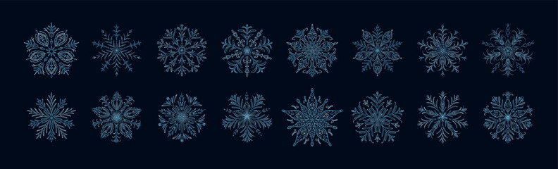 Set of beautiful aesthetic detailed hand drawn whimsical blue and silver snow flakes of dark background. Christmas Eve, New Year night sky background. Winter icy symbols. Ice frozen crystals