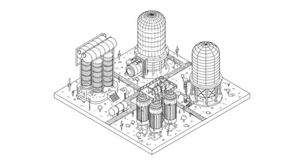 Fototapeta premium Isometric industrial complex blueprint with futuristic structures and pipelines