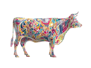 A pop-art style cow in side profile, filled with vibrant abstract patterns and white outline, isolated on transparent background.
