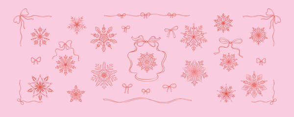 Set of Merry Christmas and Happy New Year design element drawing in coquette style. Cute hand drawn pink snowflakes, bow ribbon frames and dividers. Filigree Parisian victorian winter fancy background