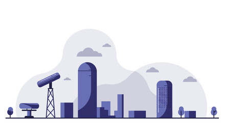 Obraz premium Modern cityscape with futuristic skyscrapers and satellite dishes in monochrome style
