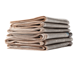 A neat stack of folded newspapers with visible page edges and neutral tones, isolated on transparent background.
