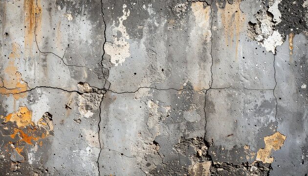 Weathered gray concrete wall with deep cracks, peeling plaster, and orange rust stains.